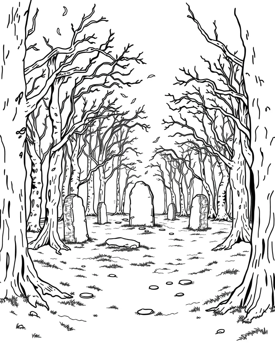 Ancient Celtic forest with stone circles among the trees