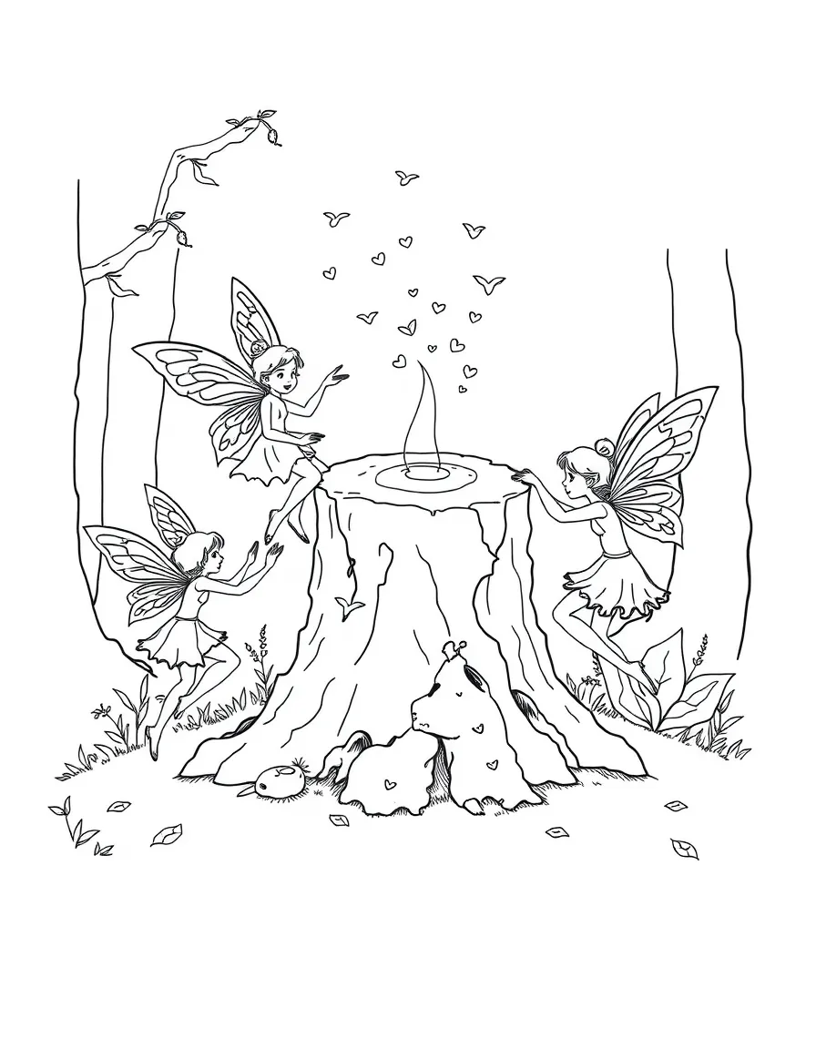 Forest fairies dancing around a moss-covered stump