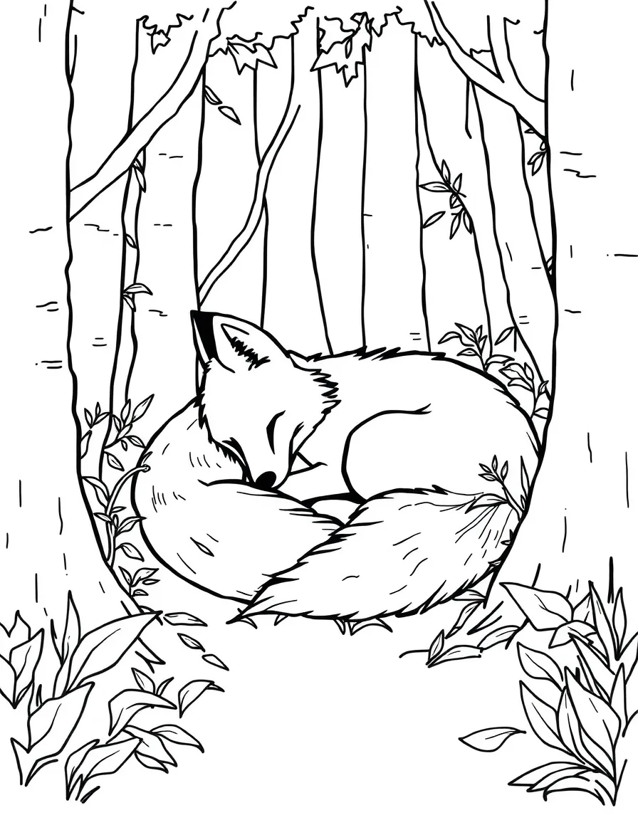 Sleeping fox curled up in forest undergrowth