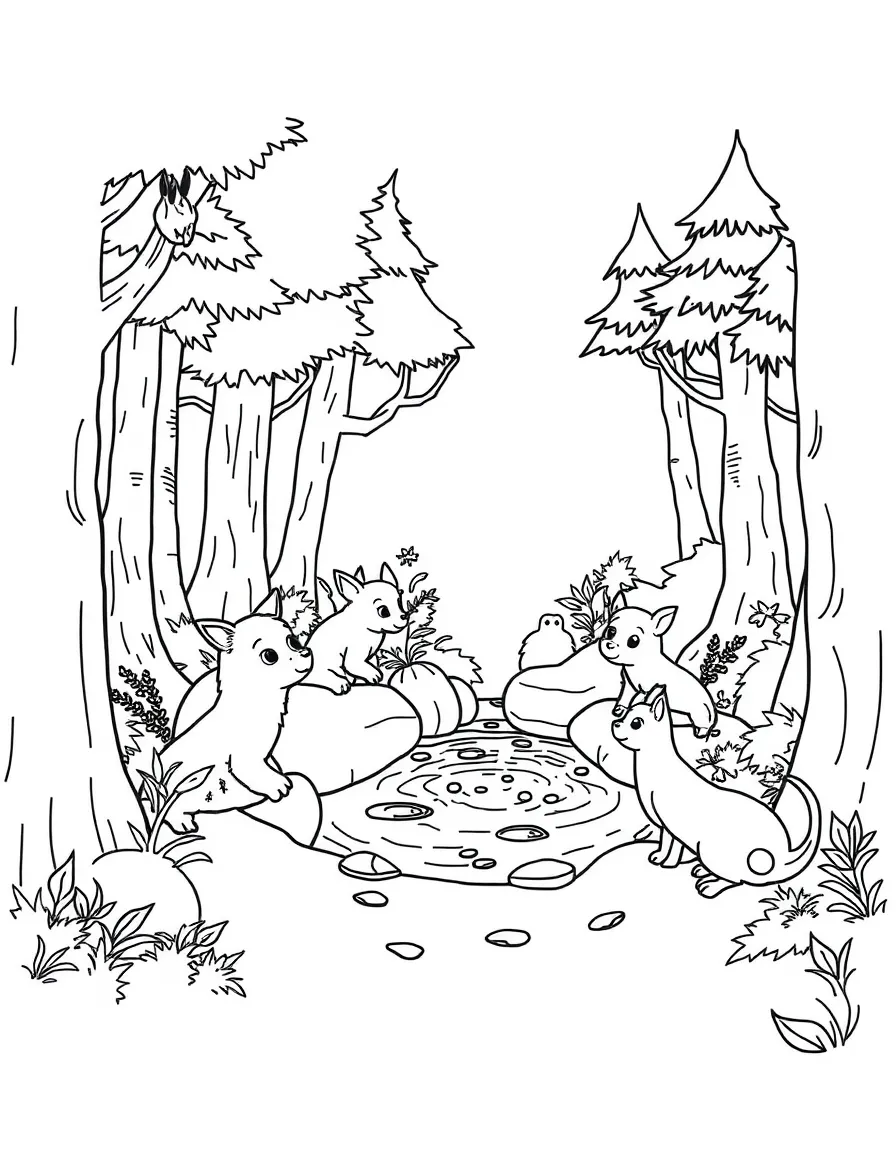 Forest creatures gathered around a natural spring