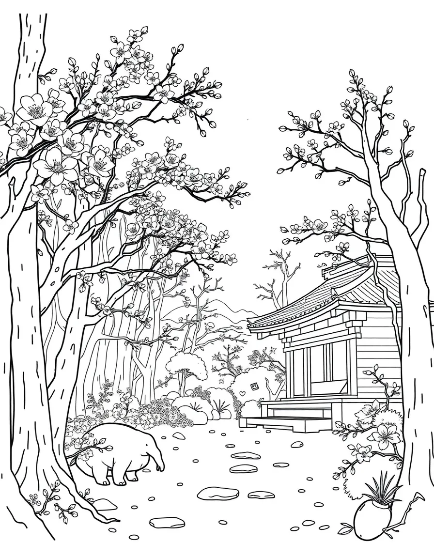 Japanese forest with cherry blossoms and traditional elements