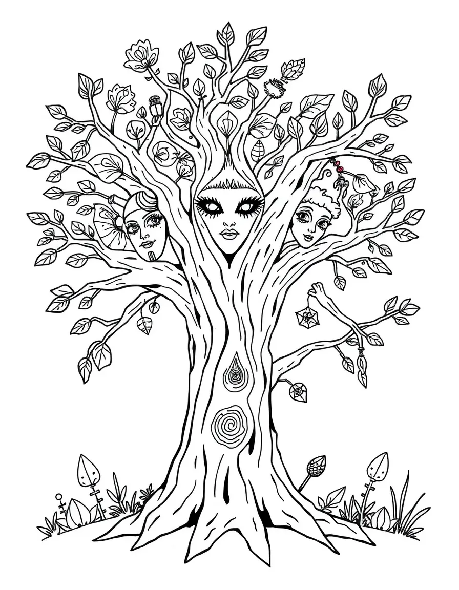 Tree spirits with faces hidden in forest elements
