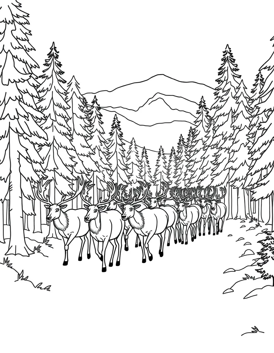 Reindeer herd passing through a northern forest
