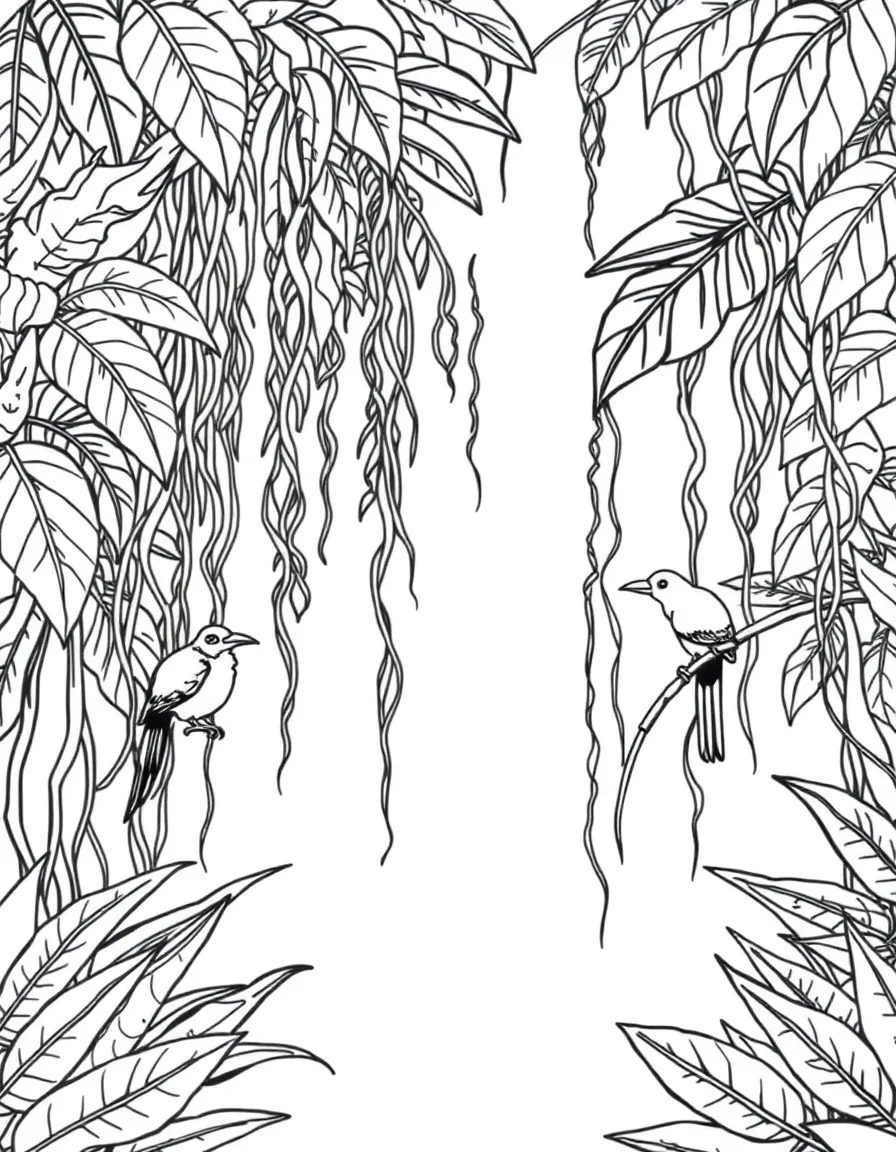Tropical forest with hanging vines and exotic birds