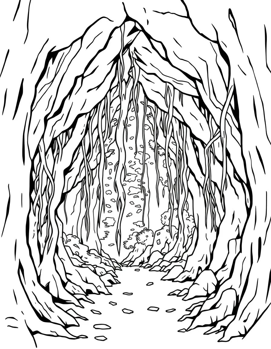 Forest cave entrance with roots hanging down