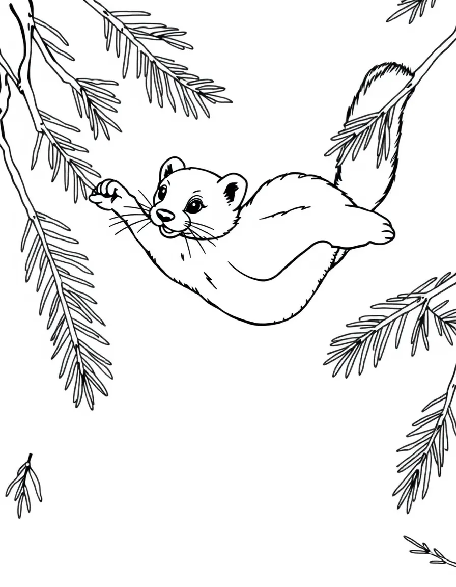 Marten leaping between pine branches