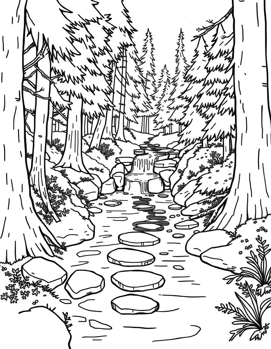 Forest creek with stepping stones and tiny waterfall