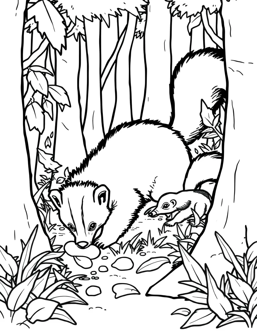 Skunk family foraging in forest undergrowth