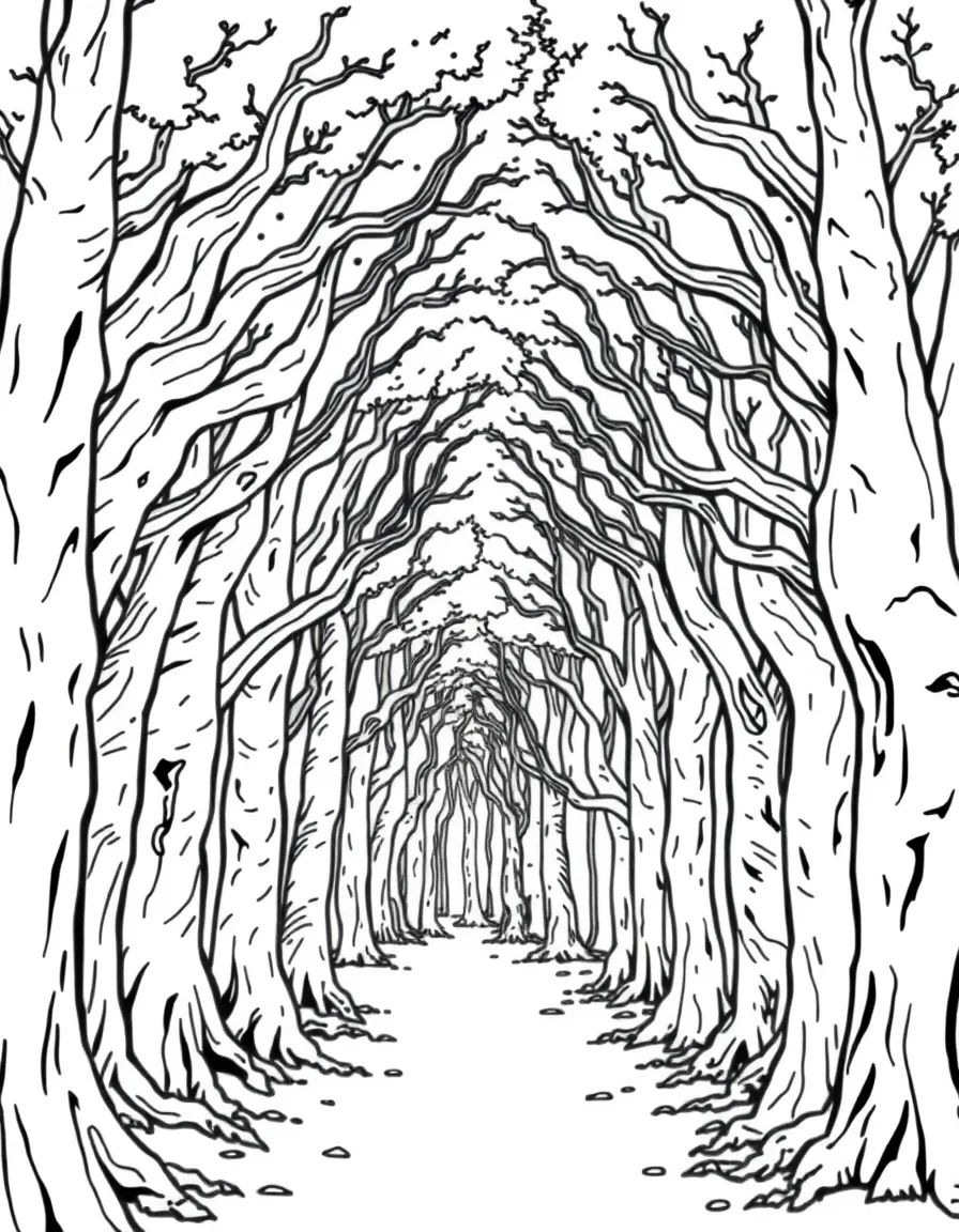 Twisted forest trees creating natural archways