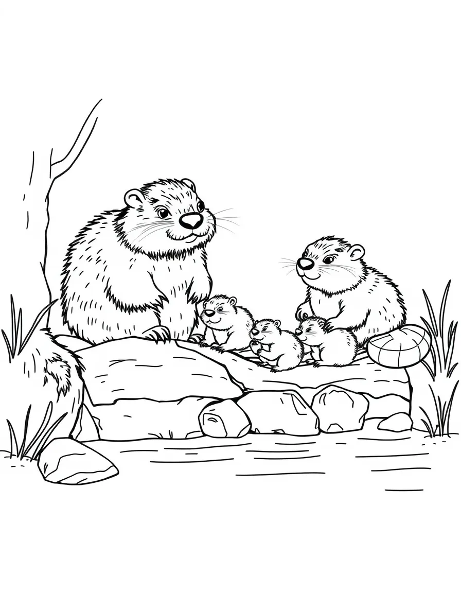 Beaver family constructing a dam with detailed textures