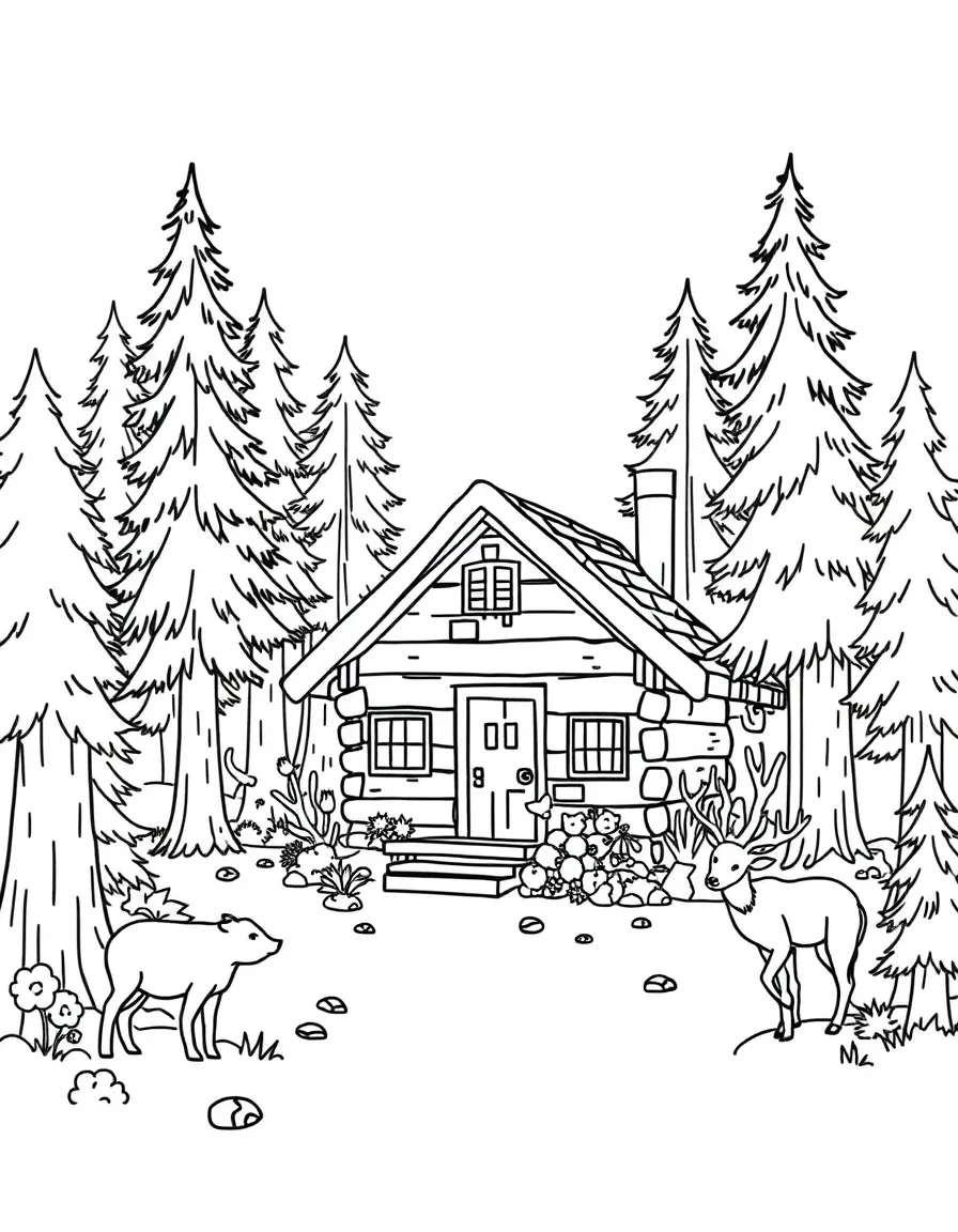 Forest ranger cabin with surrounding wildlife