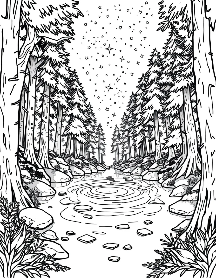 Magical forest pool reflecting starlight
