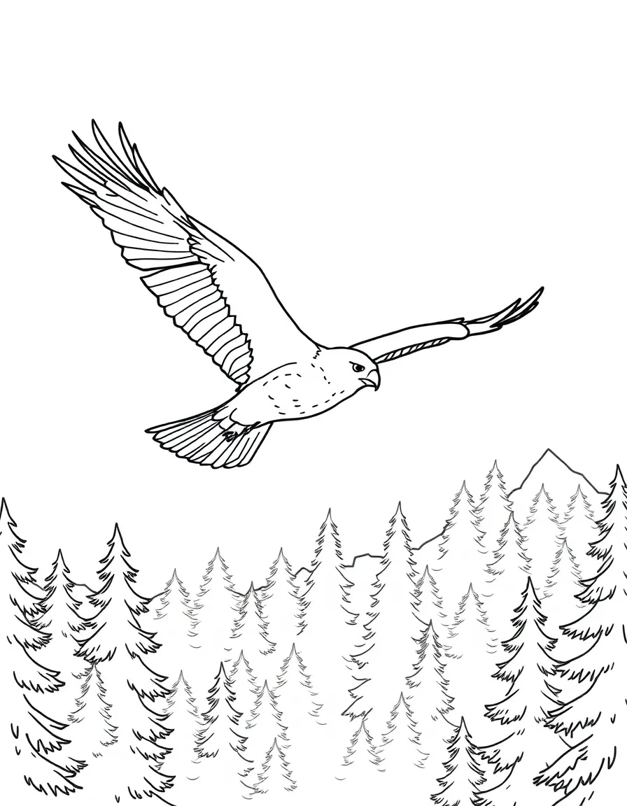 Hawk soaring above forest canopy