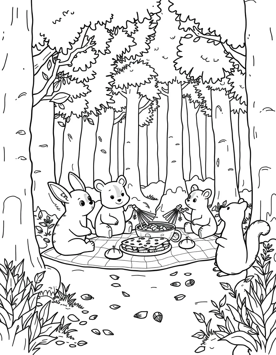 Woodland picnic scene with forest creatures watching