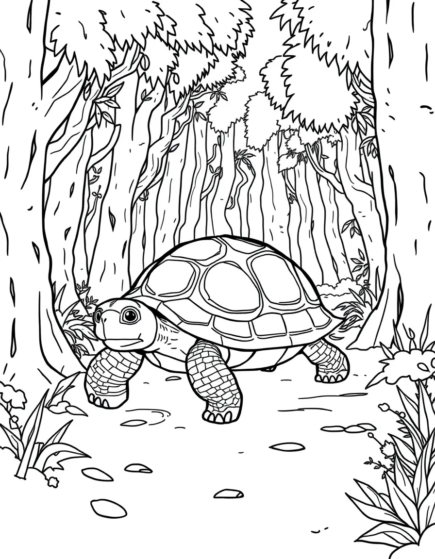 Wise old tortoise walking through ancient forest