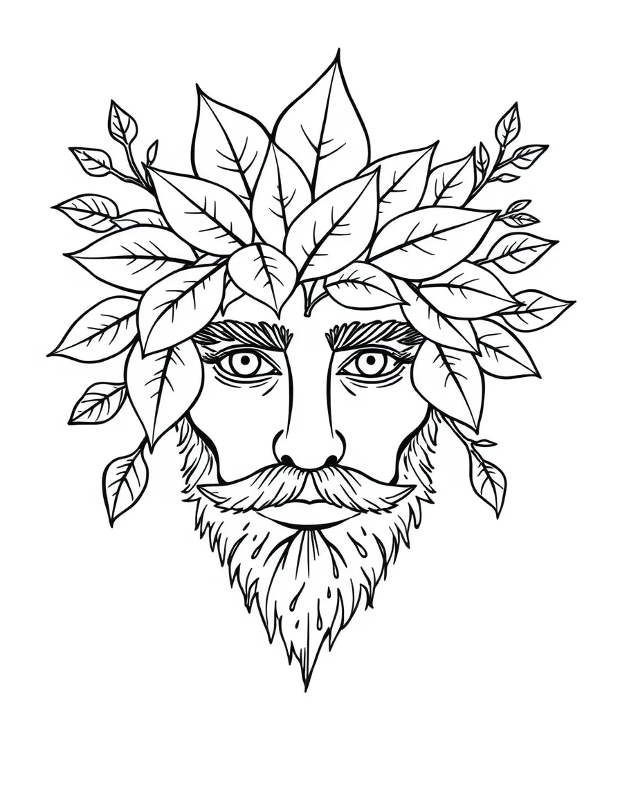 Green man face formed from leaves and branches