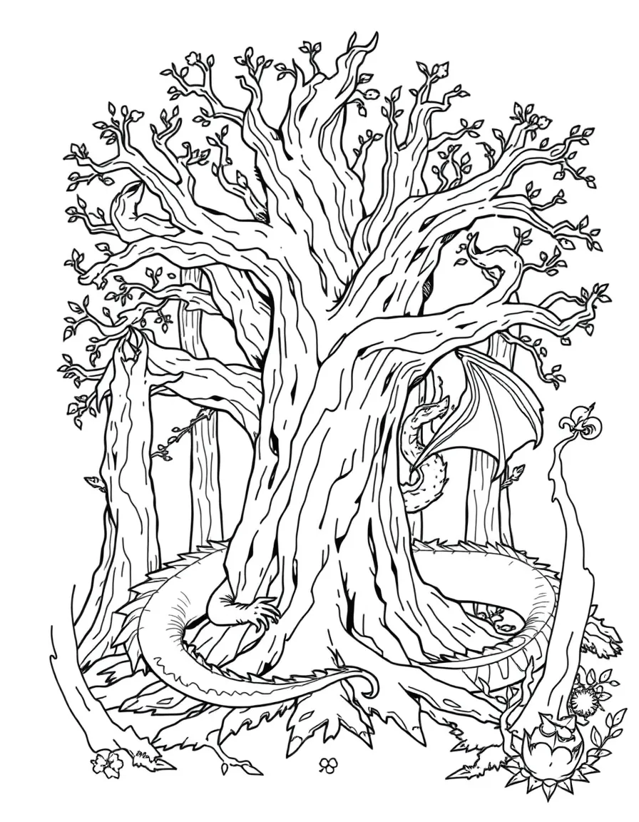 Forest dragons curled around ancient trees