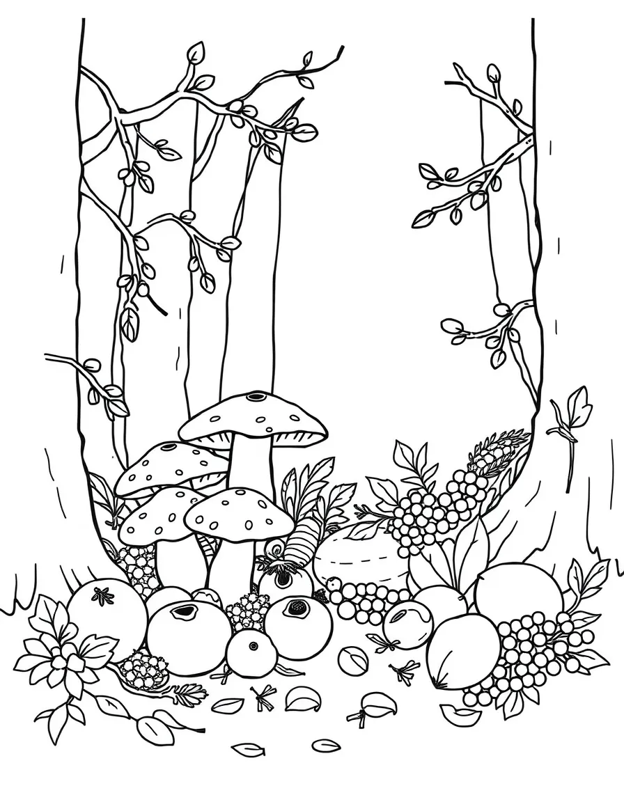 Forest harvest scene with mushrooms, nuts and berries