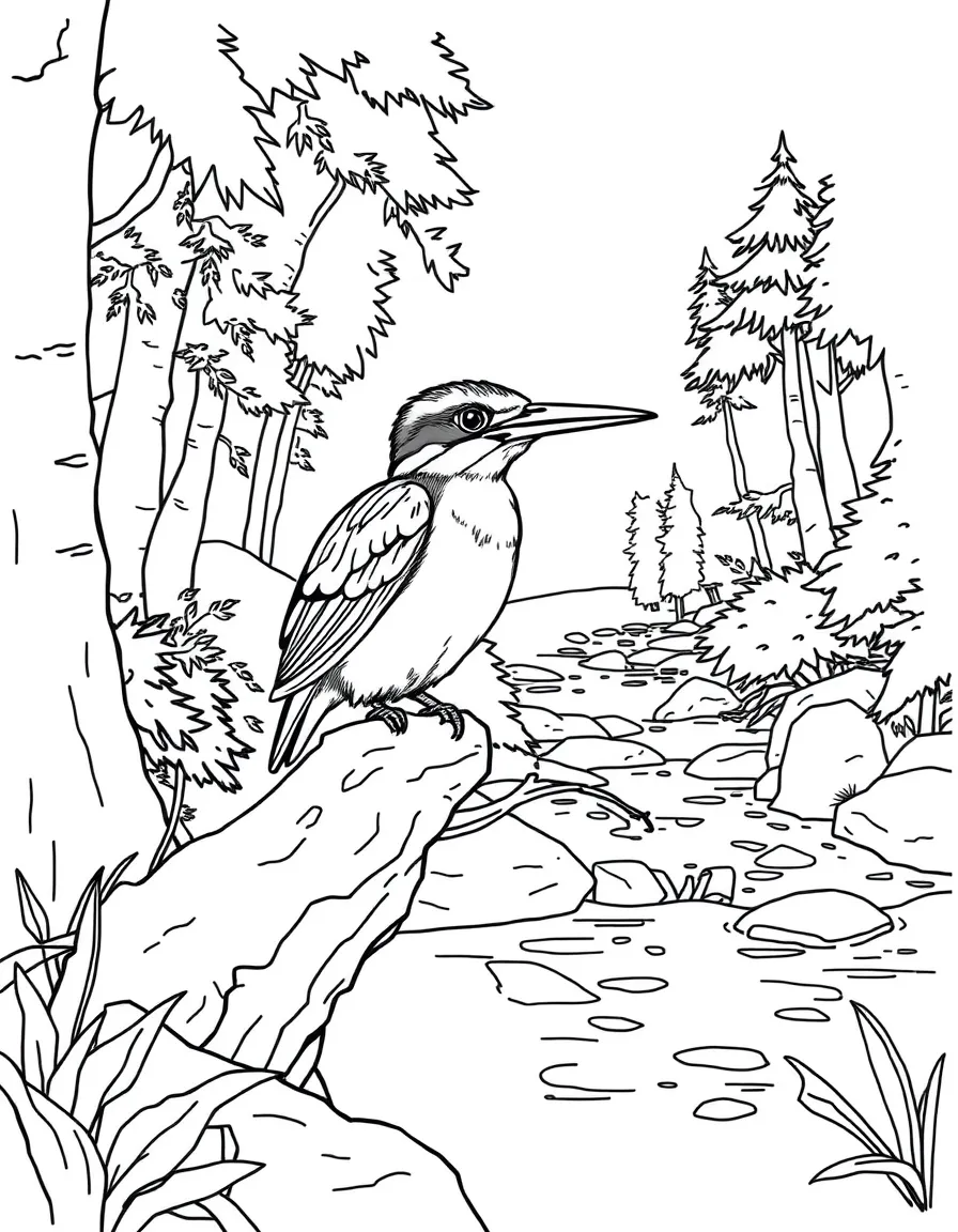 Kingfisher perched by forest stream with fish