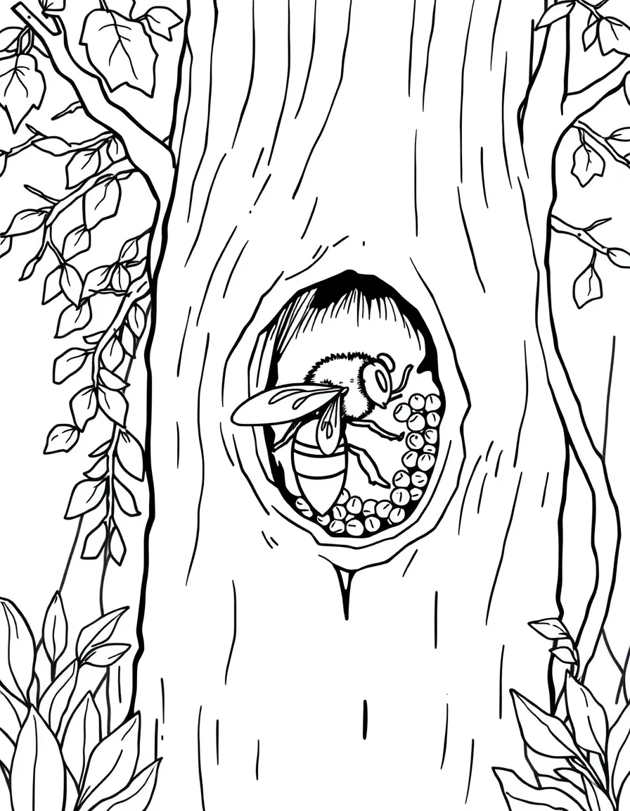 Wild forest honeybee hive in hollow tree