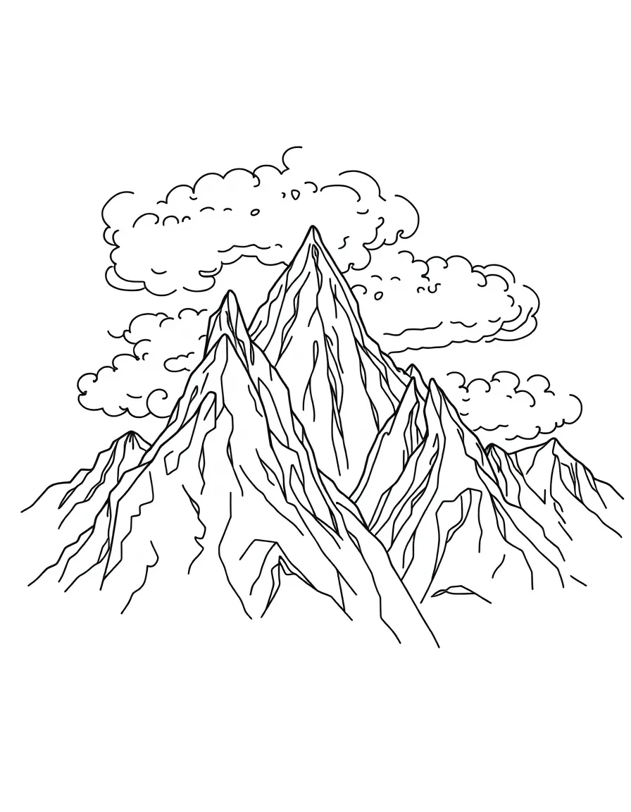 Jagged mountain peaks with clouds swirling around them