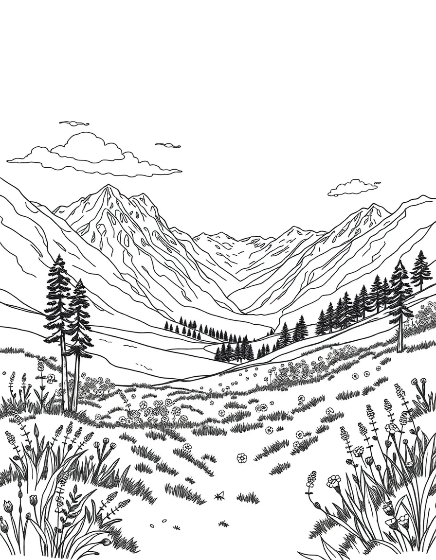 Alpine valley with wildflower meadows and distant peaks