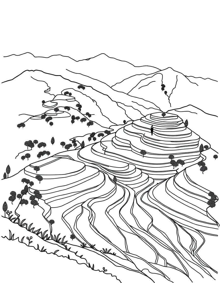 Terraced mountain rice fields with intricate patterns