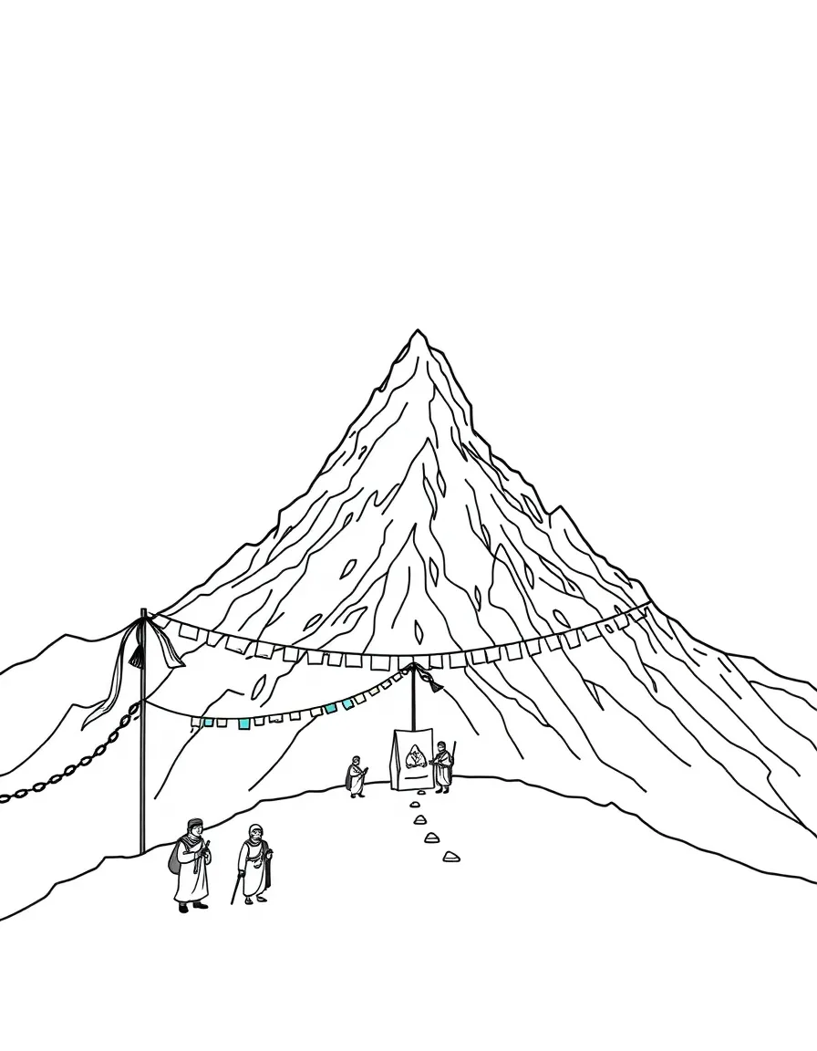 Sacred mountain with prayer flags and pilgrims