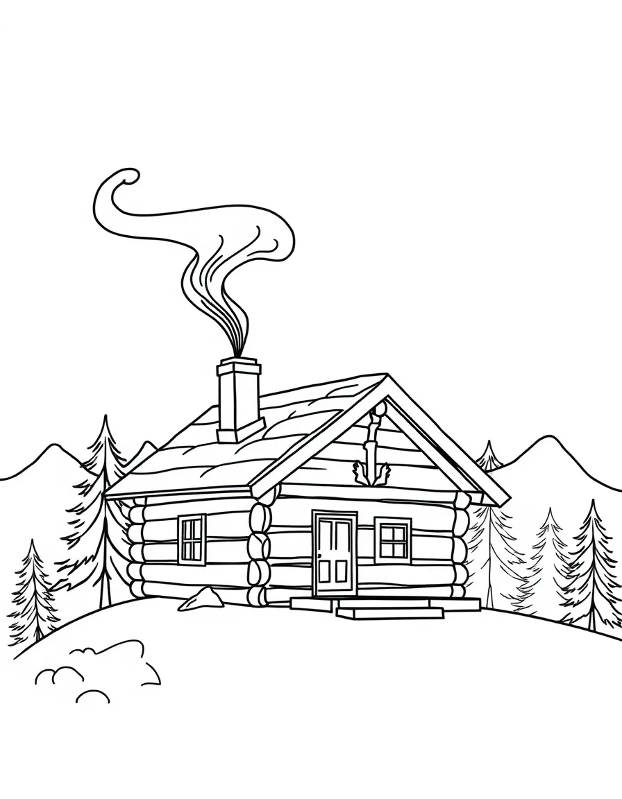 Mountain cabin with smoke curling from chimney