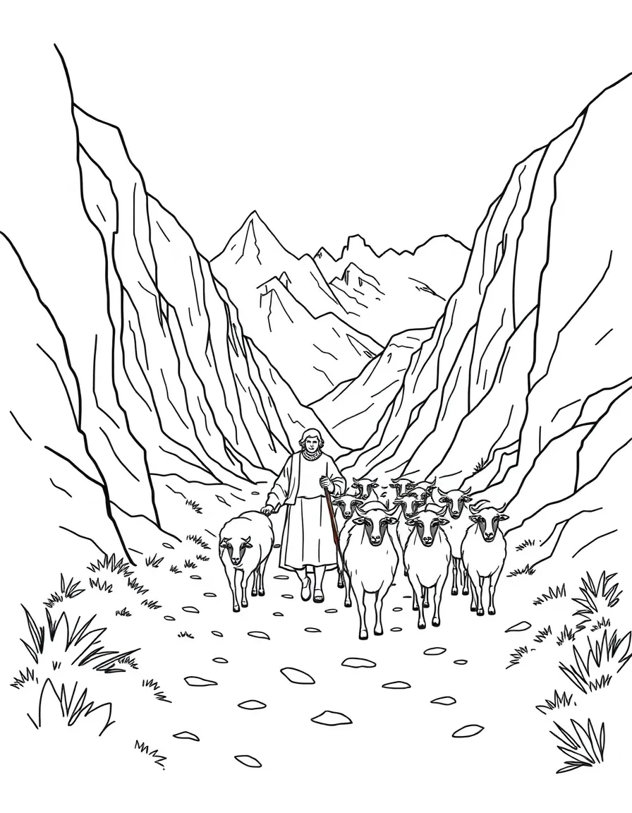 Shepherd guiding flock through mountain pass