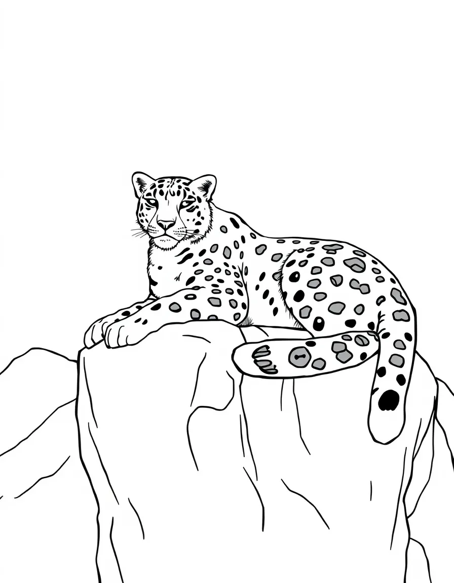 Snow leopard resting on rocky mountain ledge
