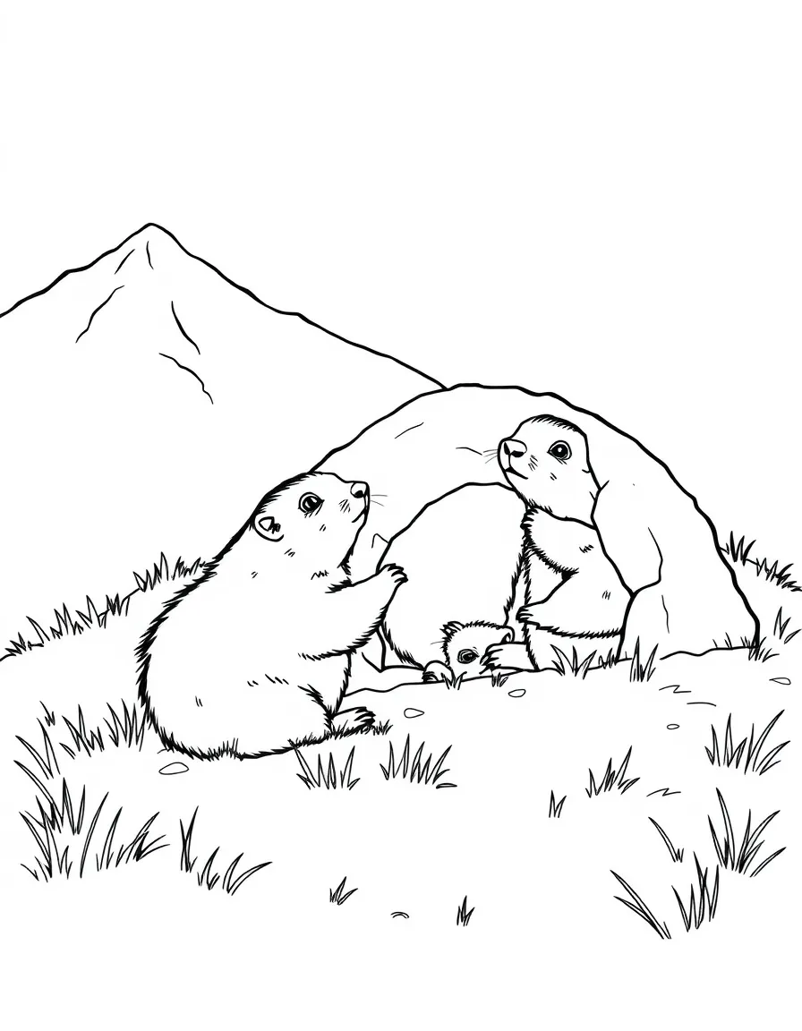 Marmots playing outside their burrow on alpine meadow