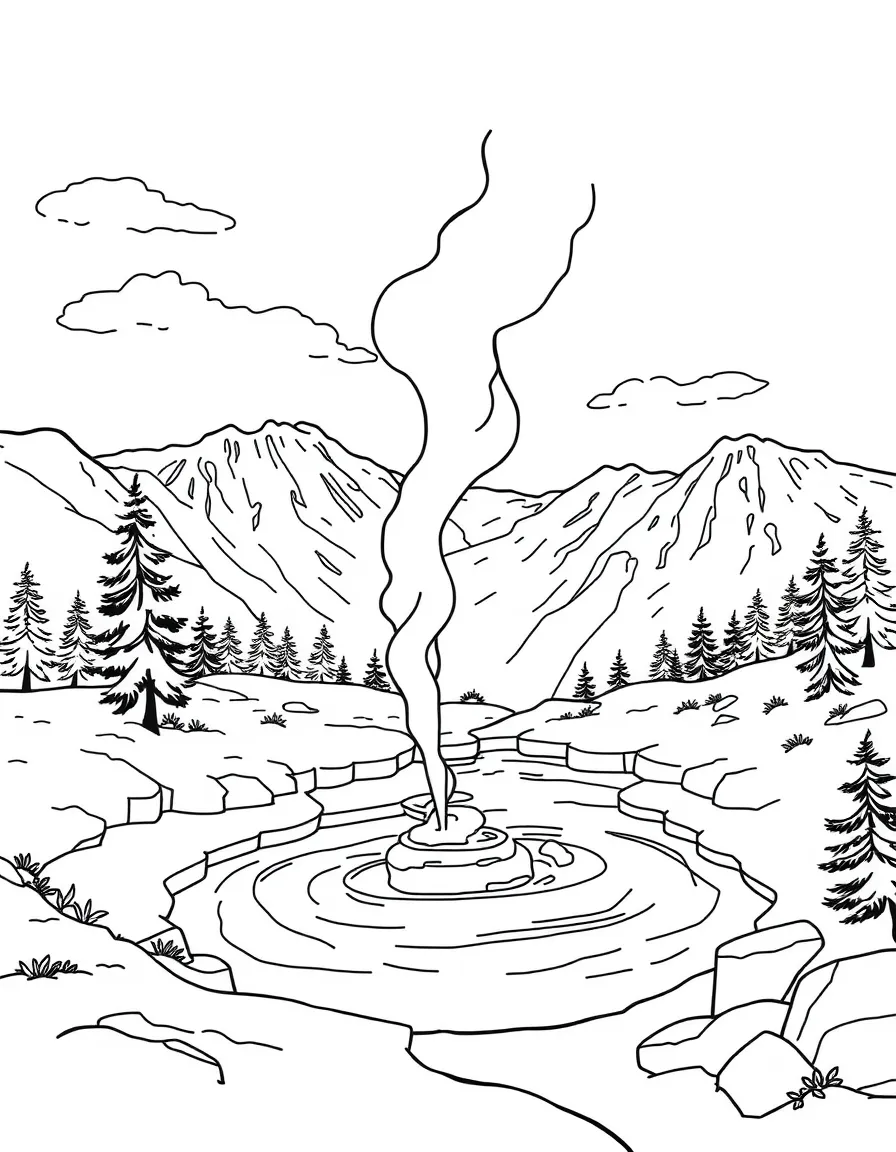Mountain hot springs with steam rising in cold air