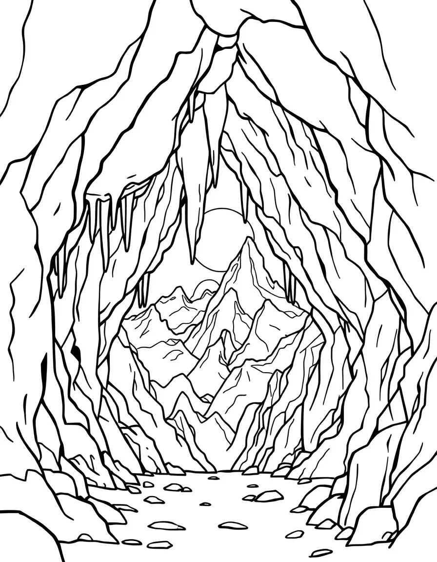 Mountain cave entrance with stalactites