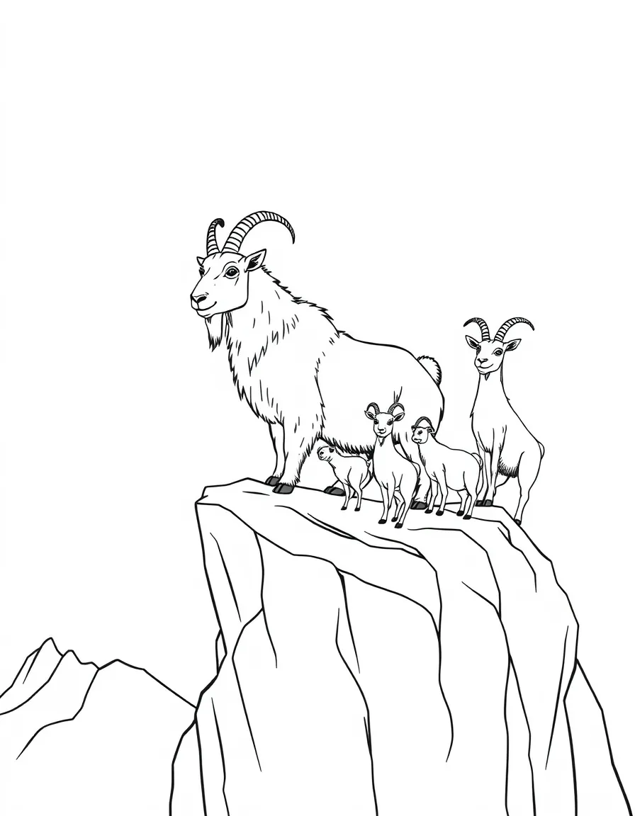 Mountain goat family on precarious ledge