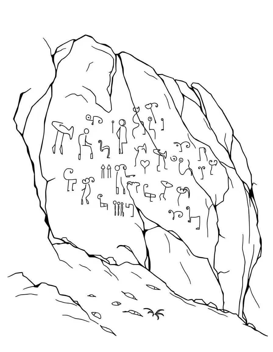 Ancient petroglyphs carved into mountain rock face