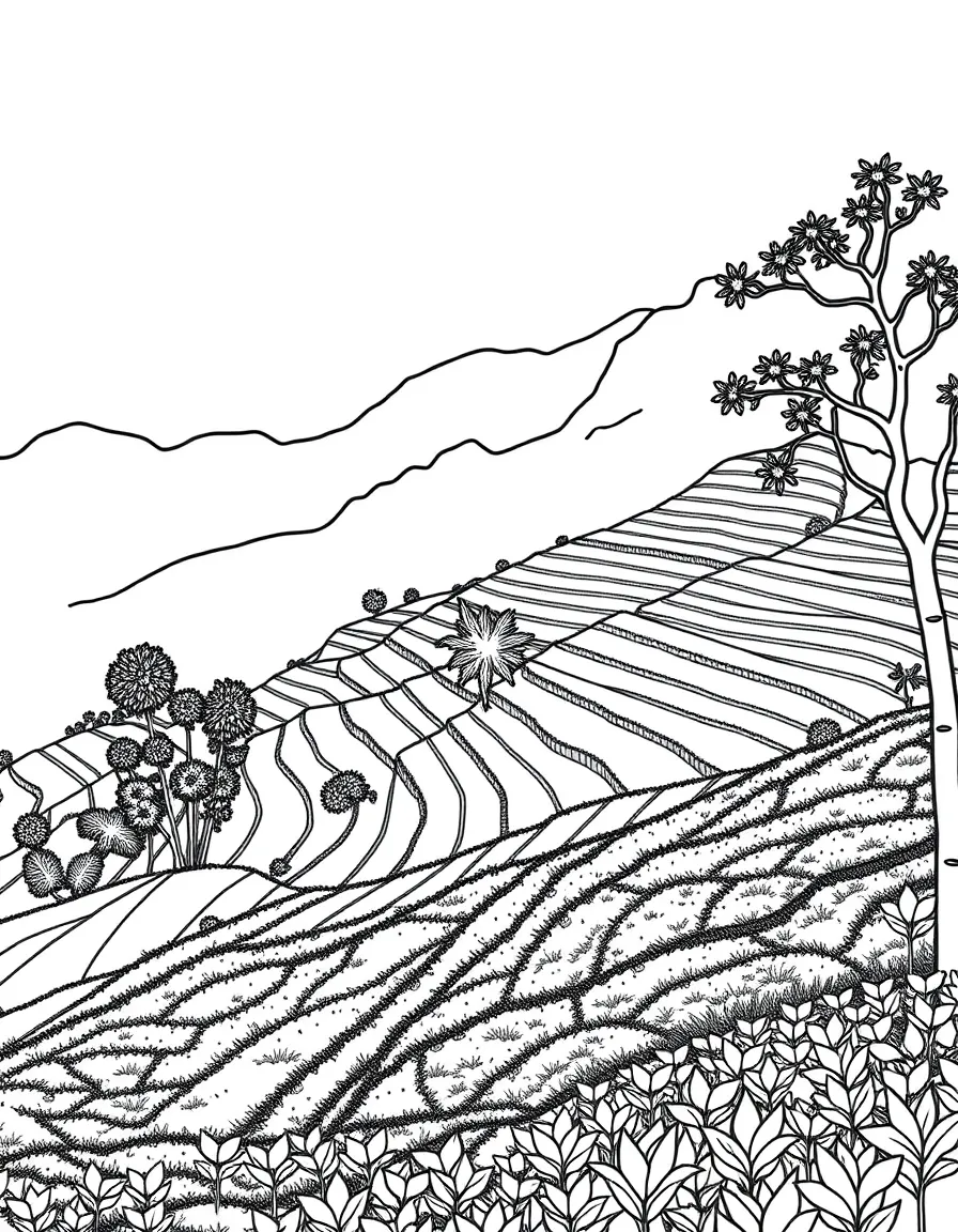Mountain tea plantation with terraced hillsides