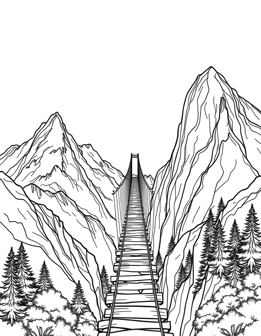 Rope bridge connecting mountain peaks