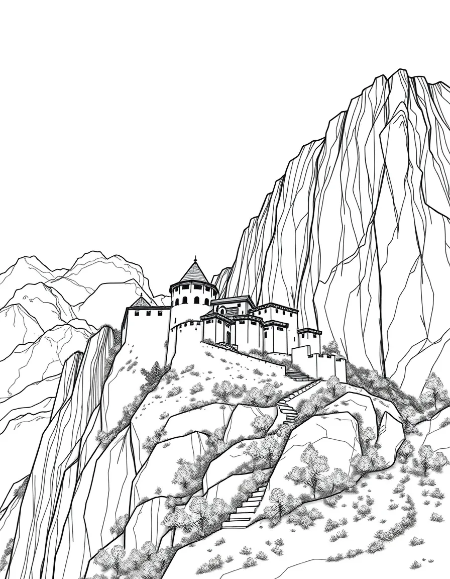 Ancient mountain fortress built into cliff face