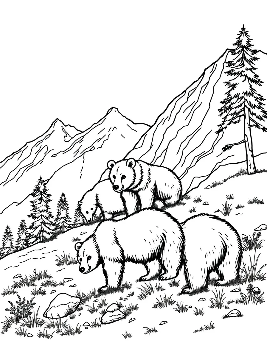 Family of bears foraging on mountain slope