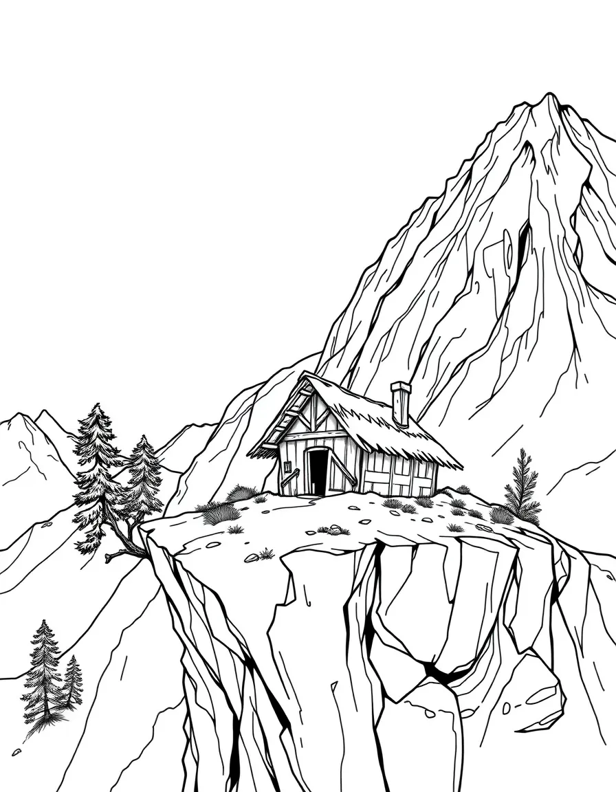Mountain hermit's simple dwelling on isolated ledge