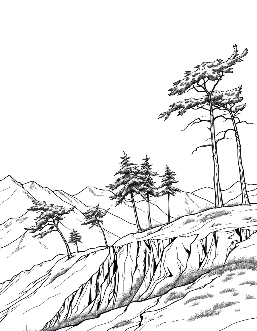 Wind-blown trees on exposed mountain ridge