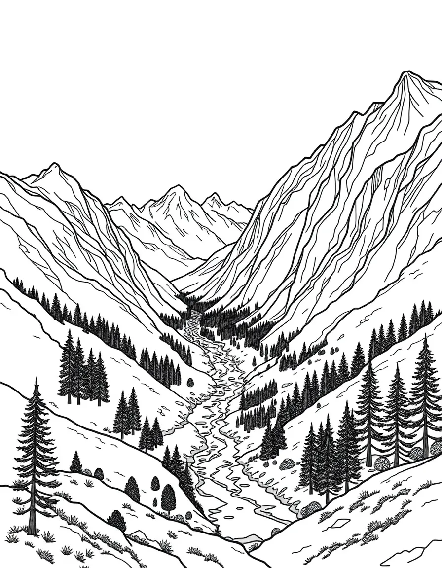 Mountain valley with river winding through