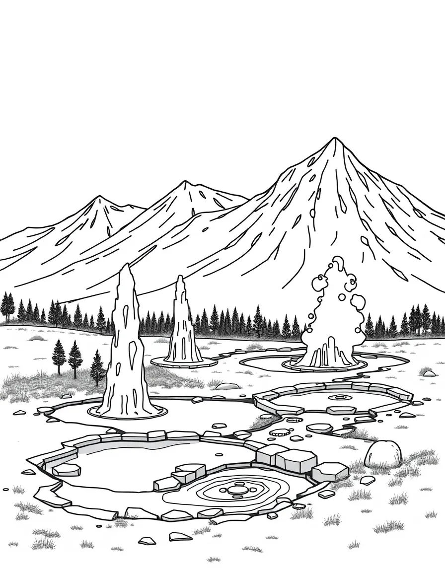 Mountain geothermal area with geysers and hot pools