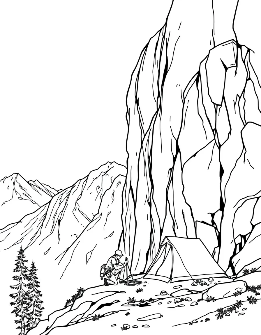 Rock climbers setting up camp on vertical cliff