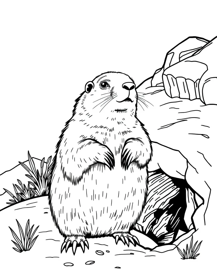 Alpine marmot standing guard near burrow entrance