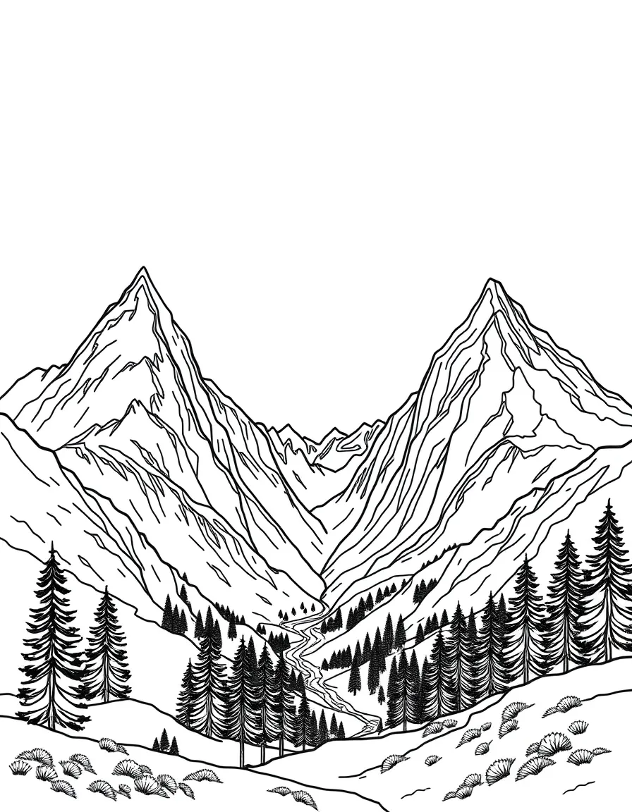 Twin mountain peaks with valley between