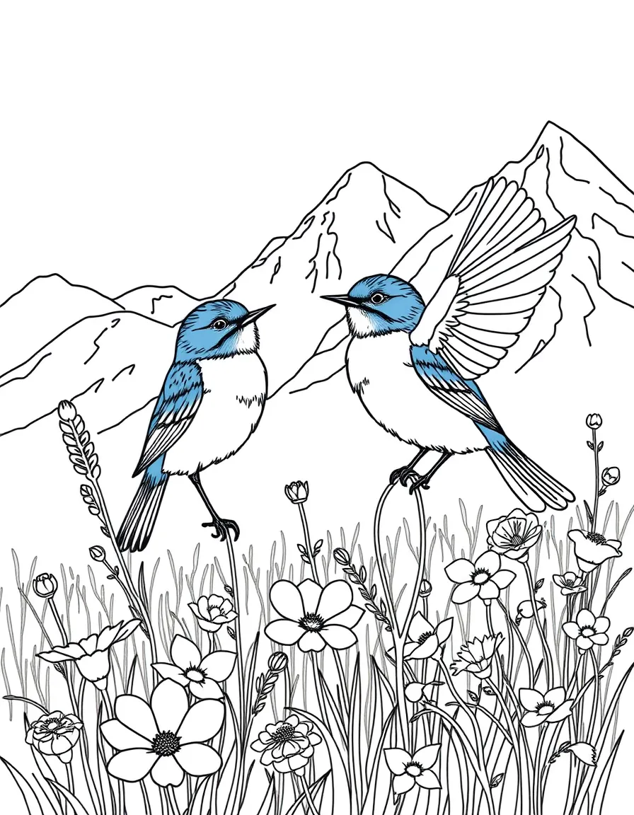 Mountain bluebirds in alpine meadow with flowers