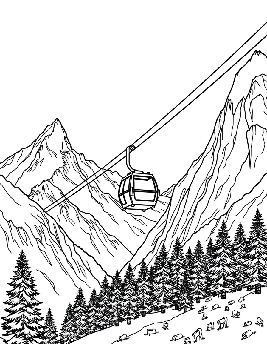 Mountain gondola suspended between peaks