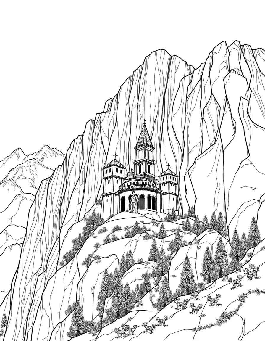 Elaborate mountain fortress carved into cliff face
